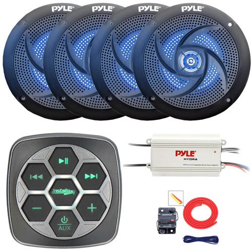 Metra IBBTR19 Marine Bluetooth 3-Zone Controller, 4x 4" 100 Watt Max Power 2-Way Low Profile Blue Flashing LED Boat Audio Speakers, 4-Channel Bluetooth Amplifier, 8 Gauge Amplifier Installation Kit