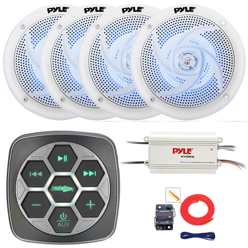 Metra IBBTR19 Marine Bluetooth 3-Zone Controller, 4x 6.5" 240 Watt Max Power Low-Profile 2-Way Waterproof Blue LED Light Boat Audio White Speakers, 4-Channel Bluetooth Amplifier, Amp Installation Kit