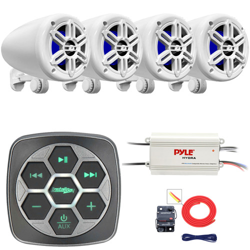 Metra IBBTR19 Marine Bluetooth 3-Zone Controller, 4x 4’’ 150 Watt Max Power 2-Way Waterproof Rated Off-Road Boat Audio White Speakers, 4-Channel Bluetooth Amplifier, 8 Gauge Amplifier Installation Kit