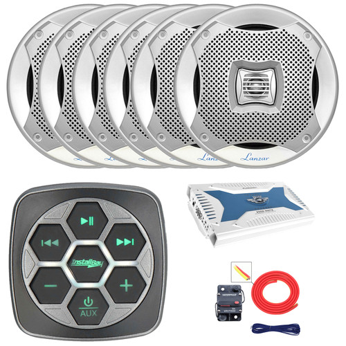 Metra IBBTR19 Marine Bluetooth 3-Zone Controller, 6x 5.25” 400 Watt Max Power 2-Way Water Resistant Boat Audio Stereo Silver Speakers, 6-Channel 2000 Watt Amplifier, 8 Gauge Amplifier Installation Kit