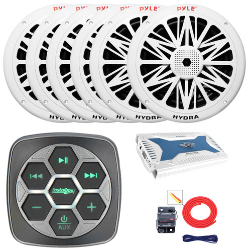 Metra IBBTR19 Marine Bluetooth 3-Zone Controller, 6x 8" 300 Watts Max Power 2 Way White Boat Speakers, 6-Channel 2000 Watt Bluetooth Amplifier, 8 Gauge Amplifier Installation Kit