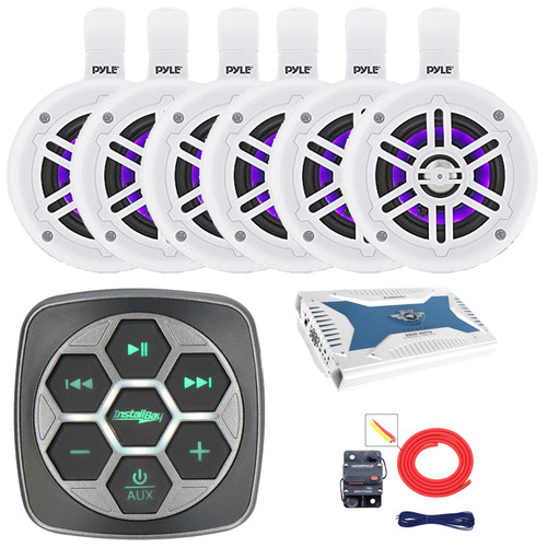 Metra IBBTR19 Marine Bluetooth 3-Zone Controller, 6x 4" 300 Watts Max Power Bluetooth Boat RGB LED Tower White Speakers, 6-Channel 2000 Watt Bluetooth Amplifier, 8 Gauge Amplifier Installation Kit