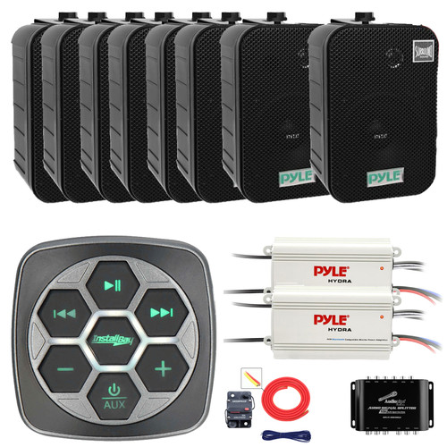 Metra IBBTR19 Marine Bluetooth 3-Zone Controller, 8x 5.25" 400 Watts Max Power Indoor/Outdoor Black Waterproof Speakers, 2x 4-Channel Bluetooth Amplifier W/Splitter, 8 Gauge Amplifier Installation Kit