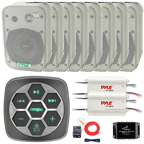 Metra IBBTR19 Marine Bluetooth 3-Zone Controller, 8x 5.25" 400 Watts Max Power Indoor/Outdoor White Waterproof Speakers, 2x 4-Channel Bluetooth Amplifier W/Splitter, 8 Gauge Amplifier Installation Kit