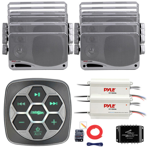 Metra IBBTR19 Marine Bluetooth 3-Zone Controller, 8x 3.5'' 200 Watt Max Power 3-Way Weather Proof Mini Box Silver Speakers, 2x 4-Channel Bluetooth Amplifier W/Splitter, Amplifier Installation Kit