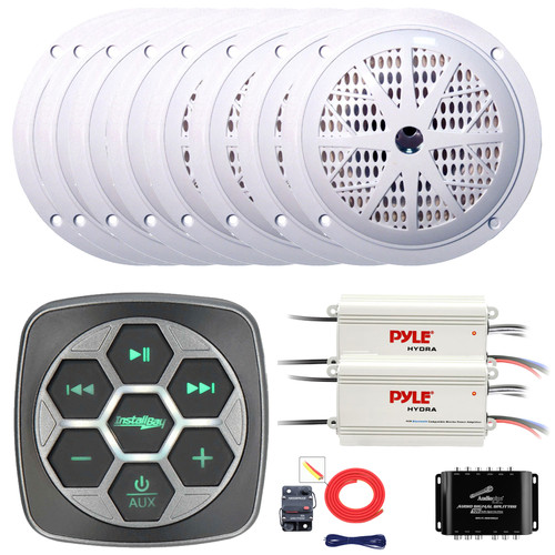 Metra IBBTR19 Marine Bluetooth 3-Zone Controller, 8x Pyle PLMR51W 5.25'' 100 Watt Max Power 2 Way Boat White Speakers, 2x 4-Channel Bluetooth Amplifier W/Splitter, 8 Gauge Amplifier Installation Kit