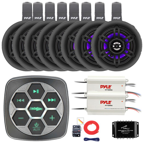 Metra IBBTR19 Marine Bluetooth 3-Zone Controller, 8x 4" 300W Max Power Bluetooth Waterproof Boat Wakeboard LED Tower Black Speakers, 2x 4-Channel Amplifier W/Splitter, Amplifier Installation Kit