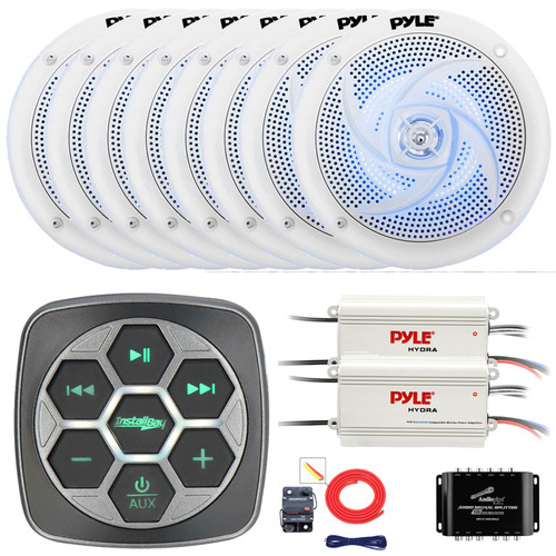 Metra IBBTR19 Marine Bluetooth 3-Zone Controller, 8x 6.5" 240W Max Power Low-Profile 2-Way Waterproof Blue LED Light Boat Audio White Speakers, 2x 4-Channel Amplifier W/Splitter, Amplifier Install Kit