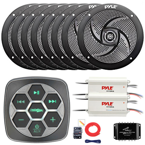 Metra IBBTR19 Marine Bluetooth 3-Zone Controller, 8x 6'' 240 Watt Max Power Low Profile 2-Way Boat Black Speakers, 2x 4-Channel Amplifier W/Splitter, 8 Gauge Amplifier Installation Kit