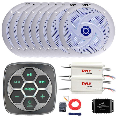 Metra IBBTR19 Marine Bluetooth 3-Zone Controller, 8x 8'' 320 Watt Max Power Low Profile 2-Way Blue Flashing LED Boat White Speakers, 2x 4-Channel Amplifier W/Splitter, Amplifier Installation Kit