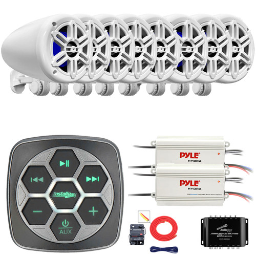 Metra IBBTR19 Marine Bluetooth 3-Zone Controller, 8x 4’’ 150 Watt Max Power 2-Way Waterproof Rated Off-Road Boat Audio White Speakers, 2x 4-Channel Amplifier W/Splitter, Amplifier Installation Kit