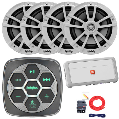 Metra IBBTR19 Marine Bluetooth 3-Zone Controller, 4x Infinity INFINITY622MWB 6.5" 225 Watts Max Power High-Performance White Speakers, 4-Channel Full Range Amplifier, 8 Gauge Amplifier Install Kit