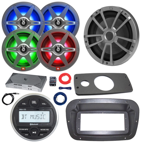 JBL PRV-175 Marine Bluetooth USB/AUX AM/FM Gauge Style Digital Media Stereo Receiver W/Spa Bezel, Adapter Plate, 4x 8" 450W Max 2-Way RGB LED Speakers, 10" Subwoofer, Amplifier W/Kit, Antenna, Wire