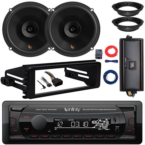 Infinity Alpha 100 Single DIN Bluetooth USB/AUX MP3 Player SD FM Radio Digital Media Receiver W/Install Kit, 2x 6.5" 150W Max 2-Way Coaxial Speakers W/Adapters, 2-Channel Amplifier W/Wiring Kit, Wire