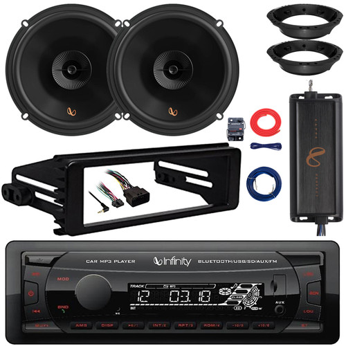 Infinity Alpha 100 Single DIN Bluetooth USB/AUX SD/MP3 Player FM Radio Digital Media Receiver w/Install Kit, 2x 6.5" 150W Max Multi-Element Speakers w/Adapters, 2-Channel Amplifier w/Kit, Speaker Wire