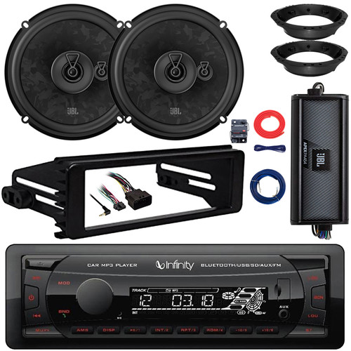 Infinity Alpha 100 Single DIN Bluetooth USB/AUX SD MP3 Player FM Radio Digital Media Receiver W/Install Kit, 2x 6.5" 560W Max 3-Way Speakers W/Adapters, 4-Channel Amplifier w/Kit, Speaker Wire