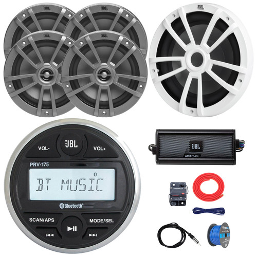 JBL PRV-175 Marine Bluetooth USB/AUX AM/FM Radio Gauge Style Digital Media Stereo Receiver, 4x 6.5" 180W Max 2-Way Gray Speakers, 10" 600W Max White Subwoofer, 4-Channel Amplifier W/Kit, Antenna, Wire