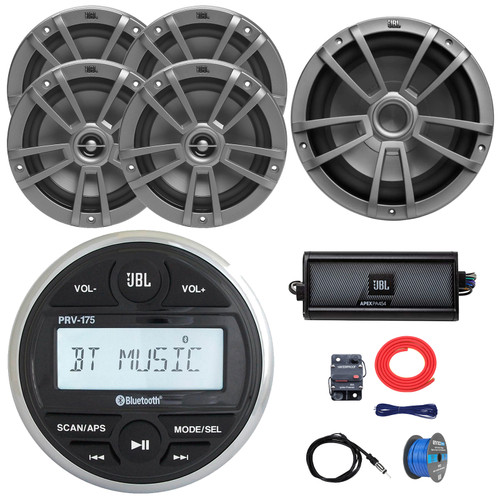 JBL PRV-175 Marine Bluetooth USB/AUX AM/FM Radio Gauge Style Digital Media Stereo Receiver, 4x 6.5" 180W Max 2-Way Gray Speakers, 10" 600W Max Gray Subwoofer, 4-Channel Amplifier W/Kit, Antenna, Wire
