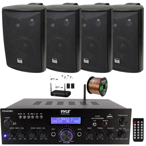 Pyle PDA65BU USBAUX FM Radio Compact Home Theater Stereo Black Amplifier Receiver, 4x 4" 200W Max Power 3-Way Indoor/Outdoor Black Speakers, VHF Wireless Microphone System, 50 Feet 16G Speaker Wire
