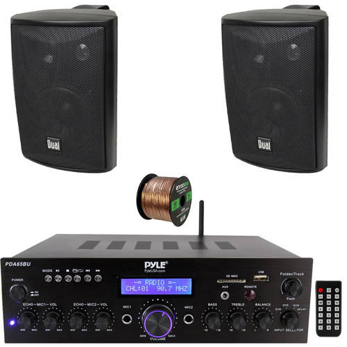 Pyle PDA65BU USBAUX FM Radio Compact Home Theater Stereo Black Amplifier Receiver, 2x Dual Electronics LU47PB 4" 200 Watt Max Power 3-Way Indoor/Outdoor Black Speakers, 50 Feet 16 Gauge Speaker Wire