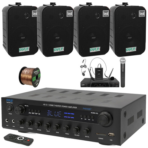 Pyle PHDA6BT USB/AUX SD FM Radio 400W BT Home Audio Amplifier Stereo Receiver, 4x 5.25" 400W Max Home Dual Waterproof Wall/Ceiling Speakers, Wireless Microphone System, 50 Feet 16 Gauge Speaker Wire