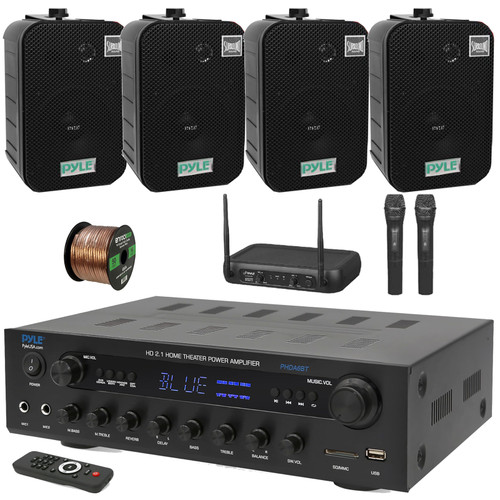 Pyle PHDA6BT USB/AUX SD FM Radio 400W BT Home Audio Amplifier Stereo Receiver, 4x 5.25" 400W Max Home Waterproof Wall/Ceiling Speakers, VHF Wireless Microphone System, 50 Feet 16 Gauge Speaker Wire