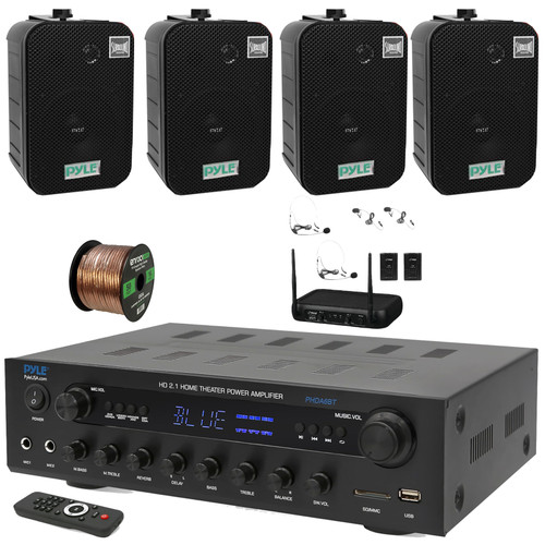 Pyle PHDA6BT USB/AUX SD FM Radio 400W BT Home Audio Amplifier Stereo Receiver, 4x 5.25" 400W Max Dual Waterproof Wall/Ceiling Black Speakers, VHF Wireless Microphone System, 50 Feet 16G Speaker Wire