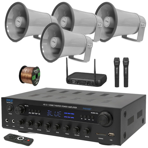Pyle PHDA6BT USB/AUX SD FM Radio 400W BT Home Audio Amplifier Stereo Receiver, 4x 8.1'' 50 Watt Indoor/Outdoor PA Horn Gray Speakers, VHF Wireless Microphone System, 50 Feet 16 Gauge Speaker Wire