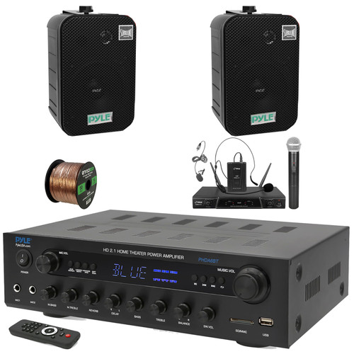 Pyle PHDA6BT USB/AUX SD FM Radio 400W BT Home Audio Amplifier Stereo Receiver, 2x 5.25" 400W Max Home Dual Waterproof Wall/Ceiling Speakers, Wireless Microphone System, 50 Feet 16 Gauge Speaker Wire