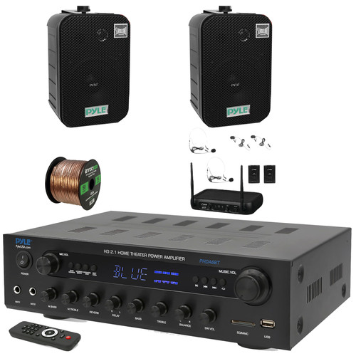 Pyle PHDA6BT USB/AUX SD FM Radio 400W BT Home Audio Amplifier Stereo Receiver, 2x 5.25" 400W Max Dual Waterproof Wall/Ceiling Black Speakers, VHF Wireless Microphone System, 50 Feet 16G Speaker Wire