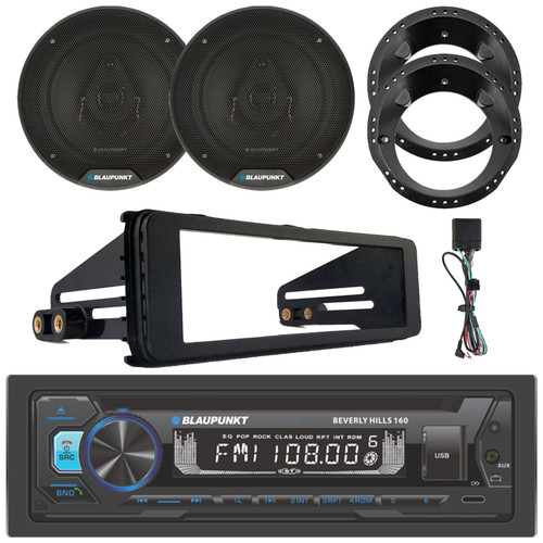 Blaupunkt Beverly Hills 160 Single DIN Detachable Face Bluetooth CD/DVD Player AM/FM Radio Stereo Receiver W/Install Kit, 2x 6.5" 60 Watt Max 3-Way Speakers W/Adapters (Fits 1998-2013 HD Motorcycles)