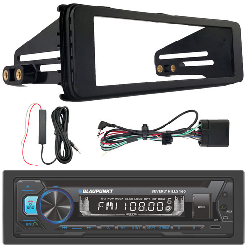 Blaupunkt Beverly Hills 160 Single DIN Detachable Face Bluetooth CD/DVD Player AM/FM Radio Stereo Receiver, 12V Amplifier Booster Kit, Single-DIN Stereo Installation Kit Fits 1998-2013 HD Motorcycles
