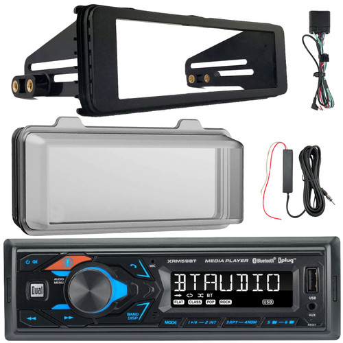 Dual XRM59BT Single DIN Bluetooth USB/AUX AM/FM Radio Digital Media Receiver W/Stereo Install Kit + Weather Shield Receiver Cover, 12V Signal Reception Amplifier Booster Kit