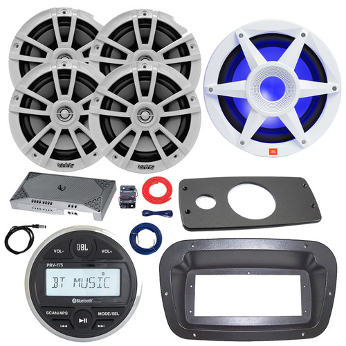 JBL PRV-175 Marine Bluetooth USB/AUX AM/FM Gauge Style Digital Media Stereo Receiver W/Spa Bezel, Adapter Plate, 4x 6.5" 225W Max White Speakers, 10" 900W Max Subwoofer, Amplifier W/Kit, Antenna, Wire
