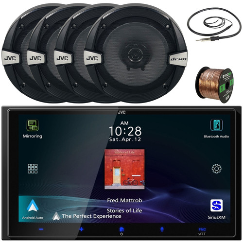 JVC KW-M795BW 6.92" HD Screen Double-DIN Bluetooth USB HDMI Input AM/FM Radio Digital Media Car Audio Receiver, 4x 6.5" 300W Max Power 2-Way Coaxial Automotive Speakers, Radio Antenna, Speaker Wire