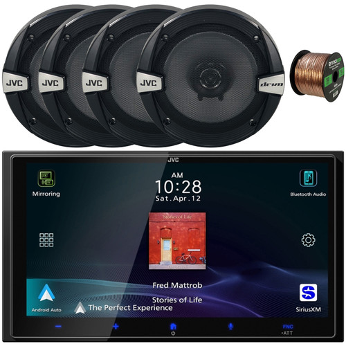 JVC KW-M795BW 6.92" HD Screen Double-DIN Bluetooth USB HDMI Input AM/FM Radio Digital Media Car Audio Receiver, 4x 6.5" 300 Watts Max Power 2-Way Coaxial Automotive Speakers, 50 Feet Speaker Wire