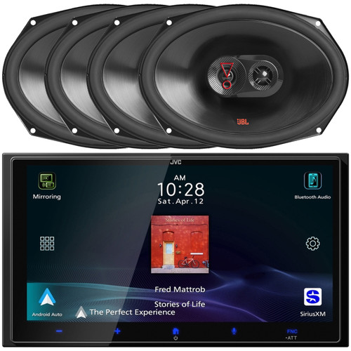JVC KW-M795BW 6.92" HD Screen Double-DIN Bluetooth USB HDMI Input AM/FM Radio Digital Media Car Audio Receiver, 4x JBL Stage3 9637F 6x9" 375 Watt Max Power 3-Way Automotive Speakers