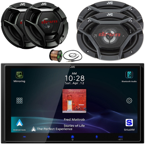 JVC KW-M795BW 6.92" HD Screen Double-DIN Bluetooth USB HDMI Input AM/FM Radio Digital Media Car Audio Receiver, 2x 6.5" 300W Max 2-Way Speakers, 2x 6x9" 550W Max 4-Way Speakers, Wire, Radio Antenna