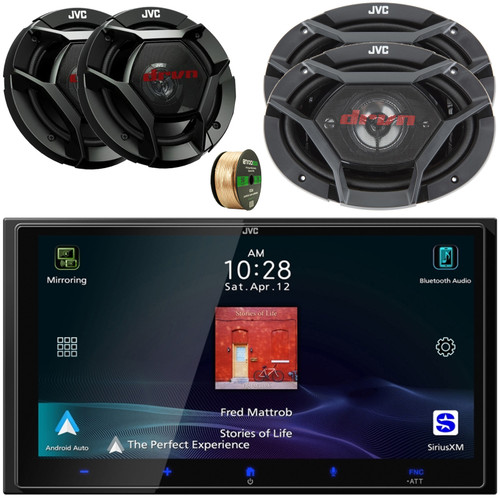 JVC KW-M795BW 6.92" HD Screen Double-DIN Bluetooth USB HDMI Input AM/FM Radio Digital Media Car Audio Receiver, 2x 6.5" 300W Max 2-Way Coaxial Speakers, 2x 6x9" 550W Max 4-Way Speakers, Speaker Wire