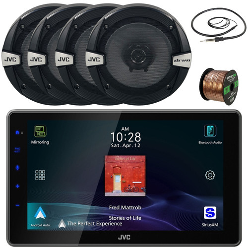 JVC KW-Z900W 9" HD Single-DIN Bluetooth USB HDMI Input AM/FM Radio Digital Media Car Audio Receiver, 4x 6.5" 300W Max Power 2-Way Coaxial Automotive Speakers, Radio Antenna, Speaker Wire
