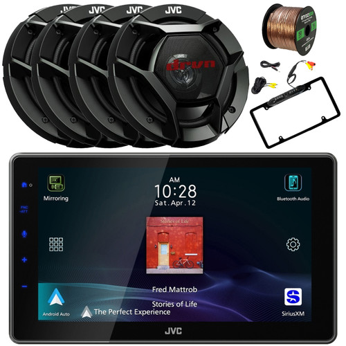 JVC KW-Z900W 9" HD Single-DIN Bluetooth USB HDMI Input AM/FM Radio Digital Media Car Audio Receiver, 4x 6.5" 300W Max Power 2-Way Coaxial Automotive Speakers, Rear View Camera, Speaker Wire