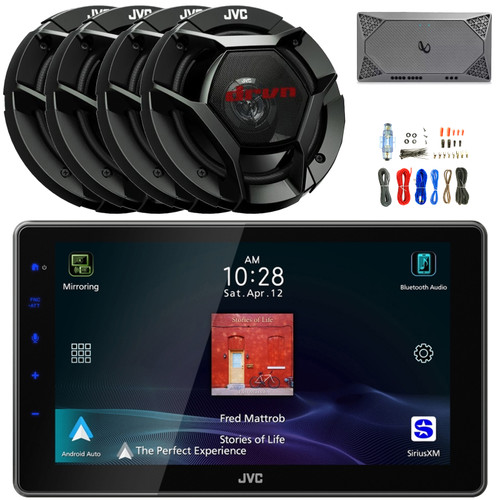 JVC KW-Z900W 9" HD Single-DIN Bluetooth USB HDMI Input AM/FM Radio Digital Media Car Audio Receiver, 4x 6.5" 300 Watt Max Power 2-Way Coaxial Automotive Speakers, 4-Channel Amplifier W/Kit