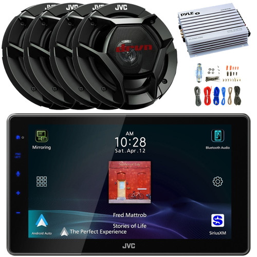 JVC KW-Z900W 9" HD Single-DIN Bluetooth USB HDMI Input AM/FM Radio Digital Media Car Audio Receiver, 4x 6.5" 300 Watt Peak Power 2-Way Coaxial Automotive Speakers, 4-Channel Amplifier W/Kit