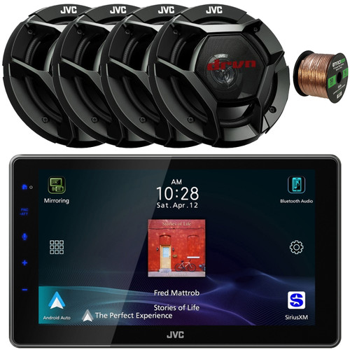 JVC KW-Z900W 9" HD Single-DIN Bluetooth USB HDMI Input AM/FM Radio Digital Media Car Audio Receiver, 4x 6.5" 300 Watt Max Power 2-Way Coaxial Automotive Speakers, 50 Feet Speaker Wire
