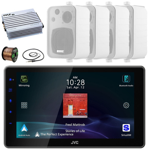 JVC KW-Z900W 9" HD Single-DIN Bluetooth USB HDMI Input AM/FM Radio Digital Media Car Audio Receiver, 4x 4" 30W Max 3-Way In Door/Out Door Box-Speakers, 4-Channel Amplifier, Antenna, Wire