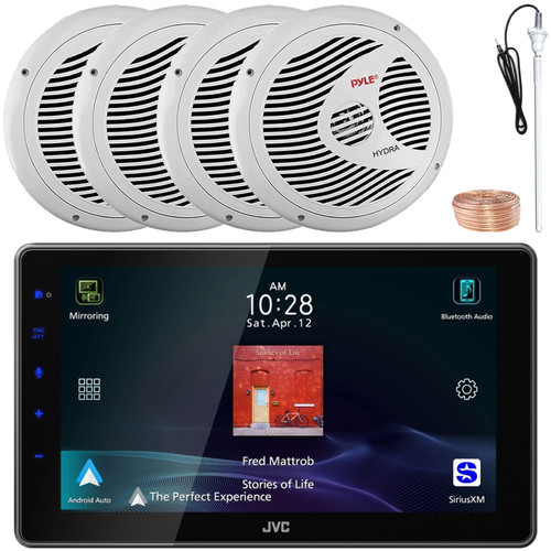JVC KW-Z900W 9" HD Single-DIN Bluetooth USB HDMI Input AM/FM Radio Digital Media Car Audio Receiver, 4x 6.5" 150W Max Power Full Range Dual Cone Waterproof Marine Speakers, Antenna, Wire