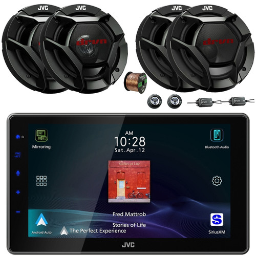 JVC KW-Z900W 9" HD Single-DIN Bluetooth USB HDMI Input AM/FM Radio Digital Media Car Audio Receiver, 2x 6.5" 360W Max 2-Way Component Speakers, 2x 6.5" 300W Max 2-Way Speakers, Speaker Wire