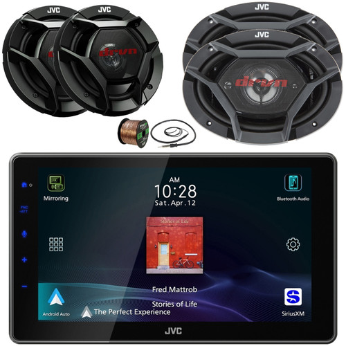 JVC KW-Z900W 9" HD Single-DIN Bluetooth USB HDMI Input AM/FM Radio Digital Media Car Audio Receiver, 2x 6.5" 300W Max 2-Way Speakers, 2x 6x9" 550W Max 4-Way Speakers, Wire, Radio Antenna