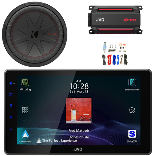 JVC KW-Z900W 9" HD Single-DIN Bluetooth USB HDMI Input AM/FM Radio Digital Media Car Audio Receiver, 12" 1000W Max 4-Ohm Dual Voice Coil Subwoofer (Single), 600W Max Mono Amplifier W/Kit