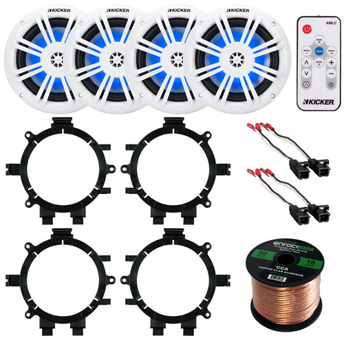 Kicker 51KM604WL KM 6.5" 150 Watts Max Power 4O RGB LED Marine Coaxial Speakers (2 Pairs), LED Controller, 4x Speaker Wire Harness, 4x Speaker Adaptors, 50 Feet 16 Gauge Speaker Wire